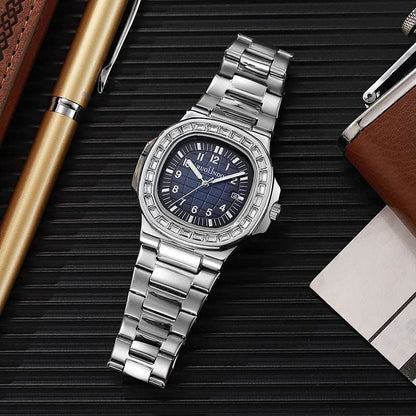 Stainless steel men's luminous watch with dark blue dial and link bracelet