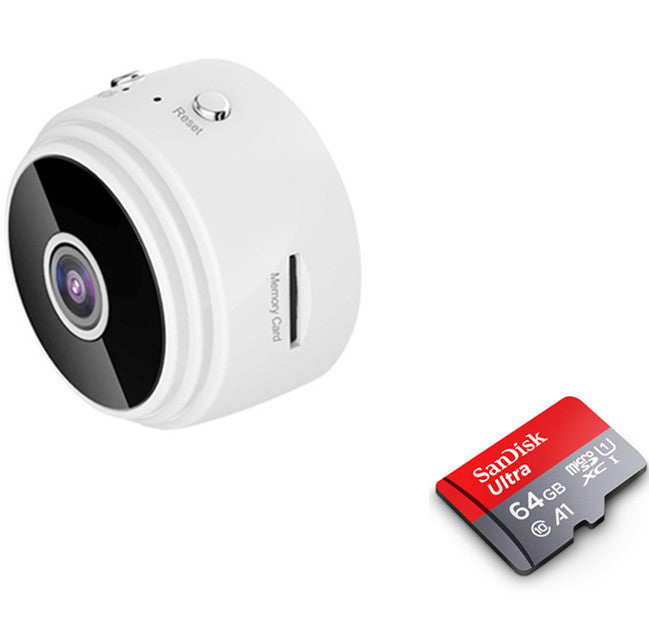White wireless security camera with front lens and SanDisk Ultra 64GB memory card