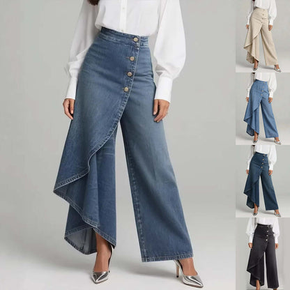 Light blue denim straight-leg pants with asymmetrical ruffle overlay and front buttons