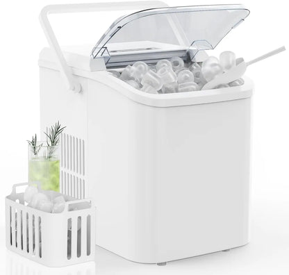 White portable countertop ice maker with open lid and ice cubes in the tray