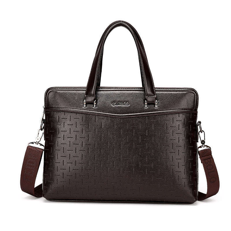 Dark brown leather briefcase with repeating logo pattern, top handles and adjustable shoulder straps
