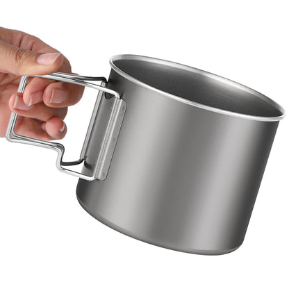 Grey titanium camping cup with side handle and open top