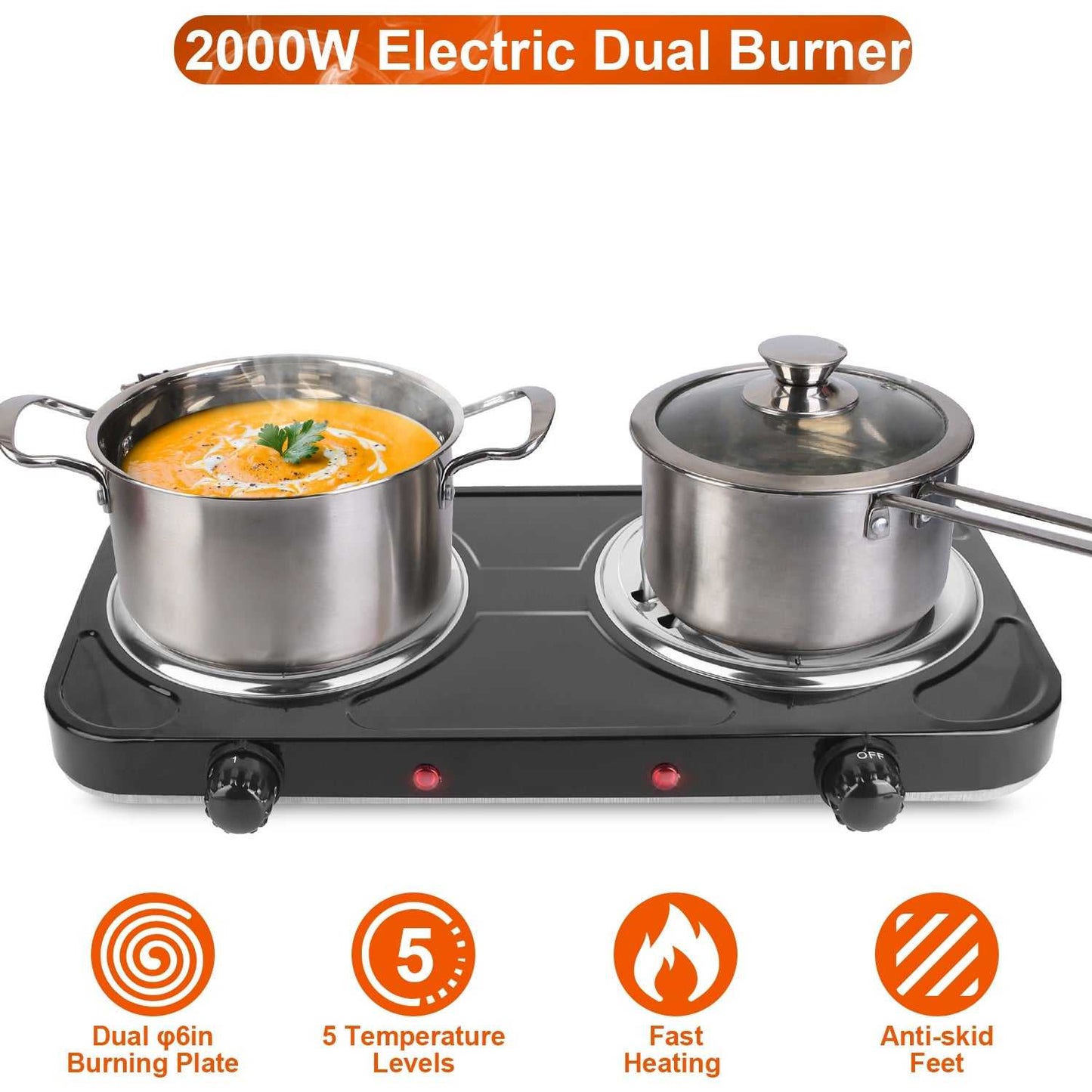 Portable electric dual-burner hot plate in black with two lidded pots and front knobs