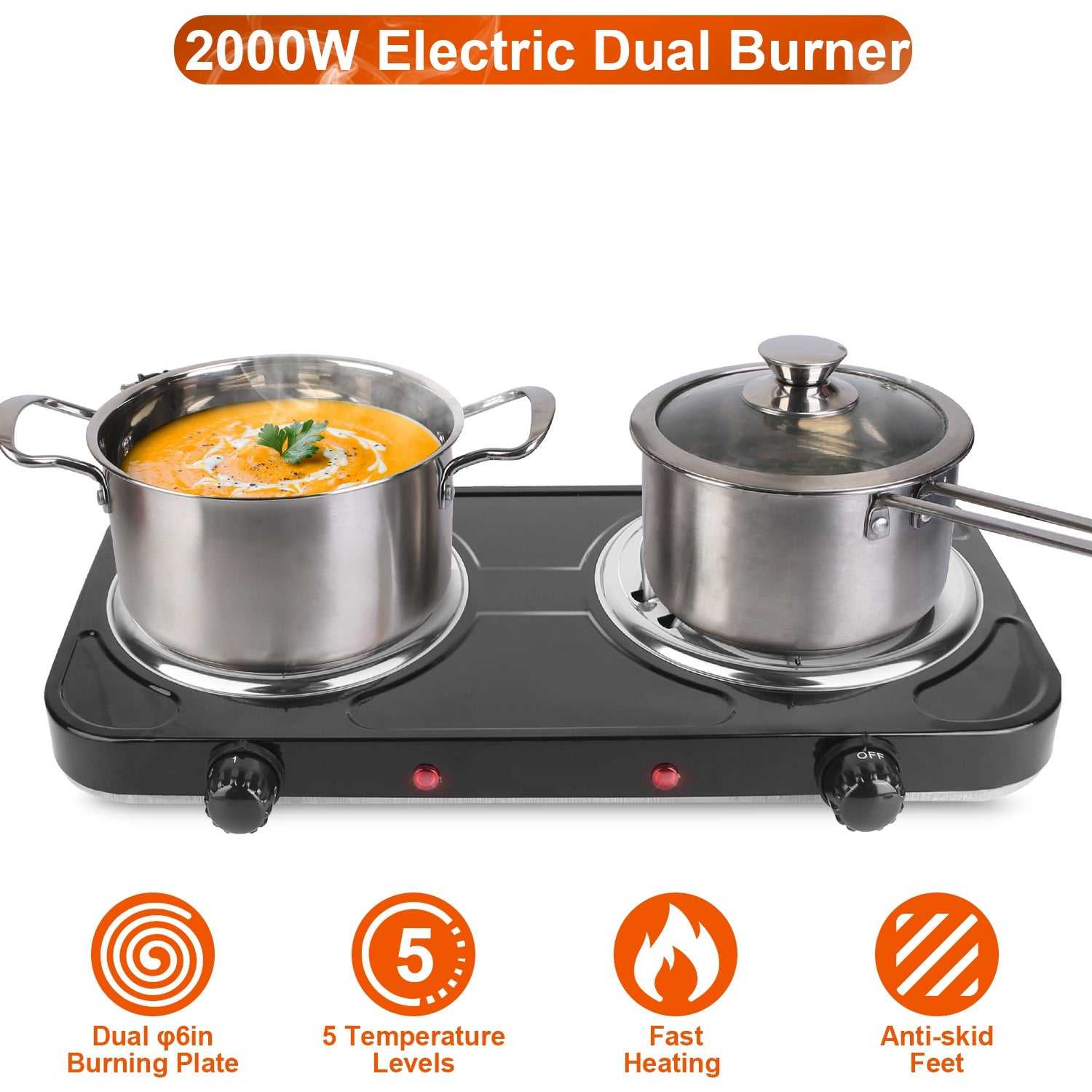 Portable electric dual-burner hot plate in black with two lidded pots and front knobs