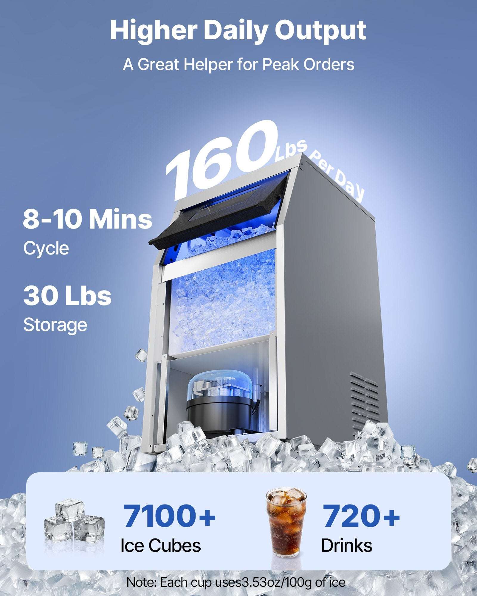 Black ice maker with open door showing ice bin filled with ice cubes