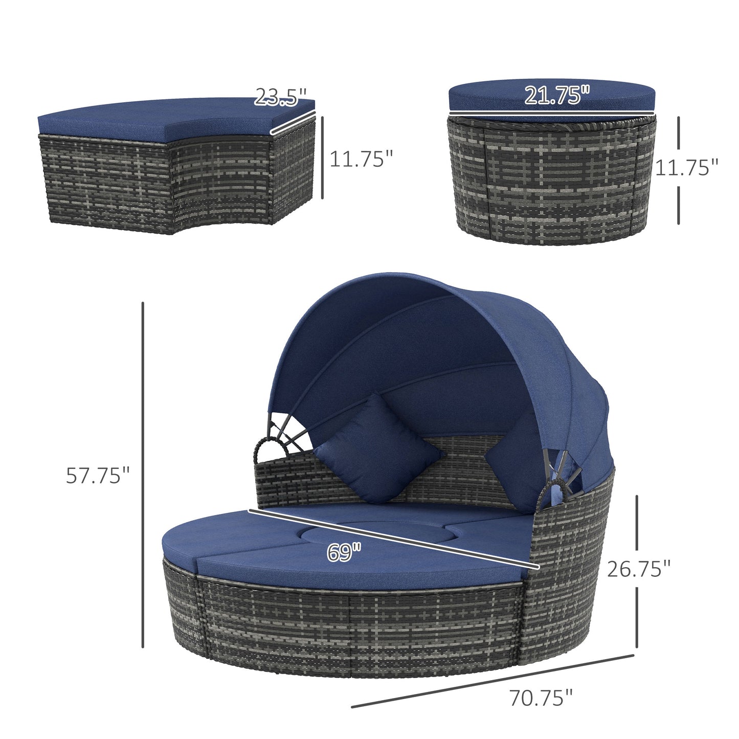 4-Piece Rattan Outdoor Sunbed & Sofa Set with Canopy - Dark Blue