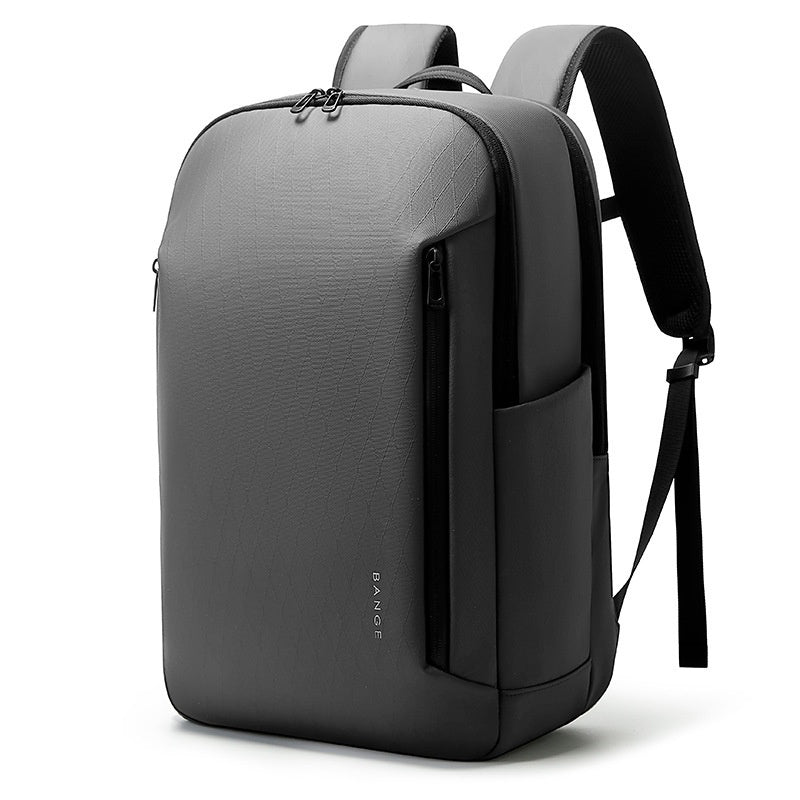 Gray backpack with textured finish, side zipper pocket, and adjustable shoulder straps
