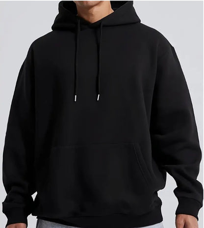 Black pullover hoodie with adjustable drawstring hood and front kangaroo pocket