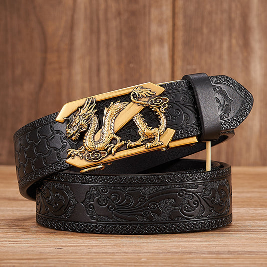 Men's Dragon Automatic Buckle Two-layer Cow Leather Embossed Belt with dragon design and automatic buckle.