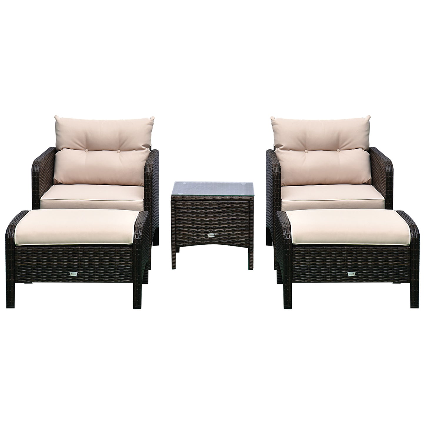 Two wicker lounge chairs with beige cushions and a center ottoman, dark frame