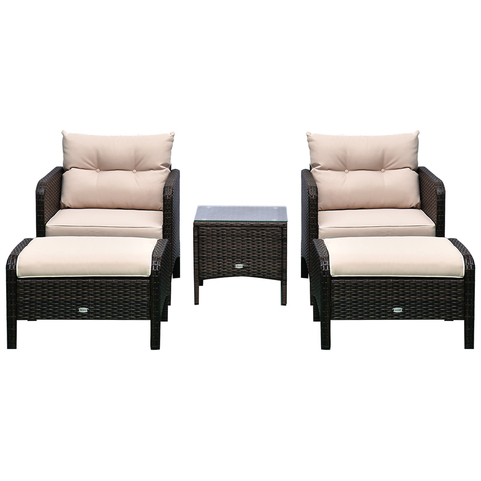 Two wicker lounge chairs with beige cushions and a center ottoman, dark frame