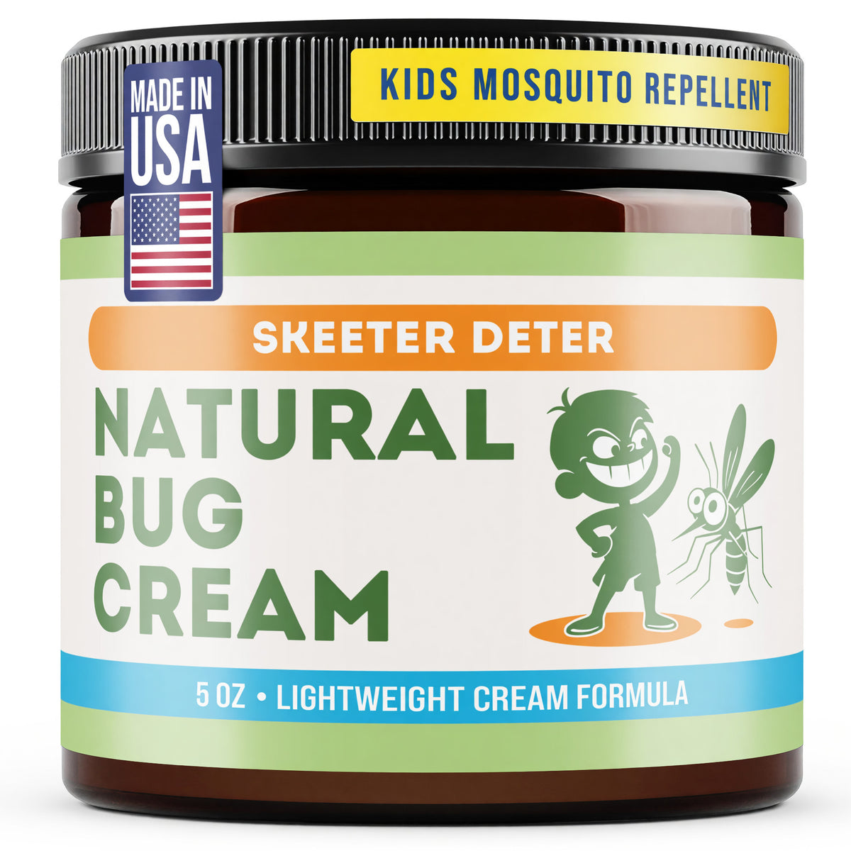 Natural bug cream jar with kids mosquito repellent label, 5 oz lightweight formula.