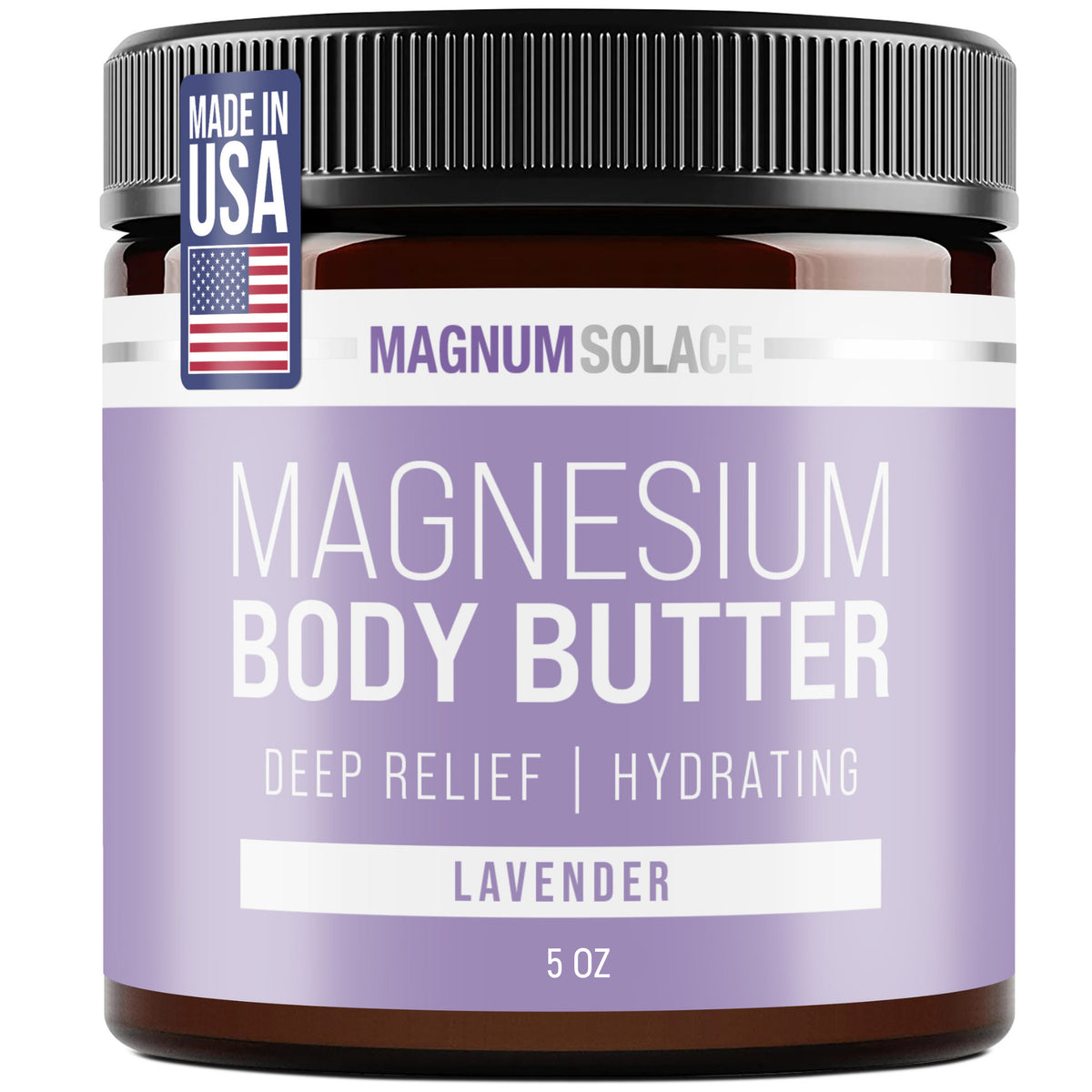 Magnesium body butter jar by Magnum Solace, lavender-scented, 5 oz