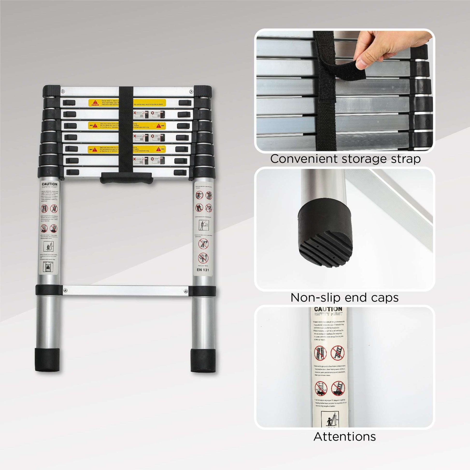 Portable aluminum telescoping ladder with storage strap and non-slip end caps.