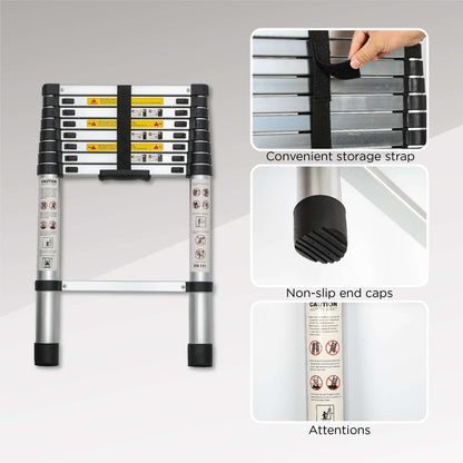 Portable aluminum telescoping ladder with storage strap and non-slip end caps.