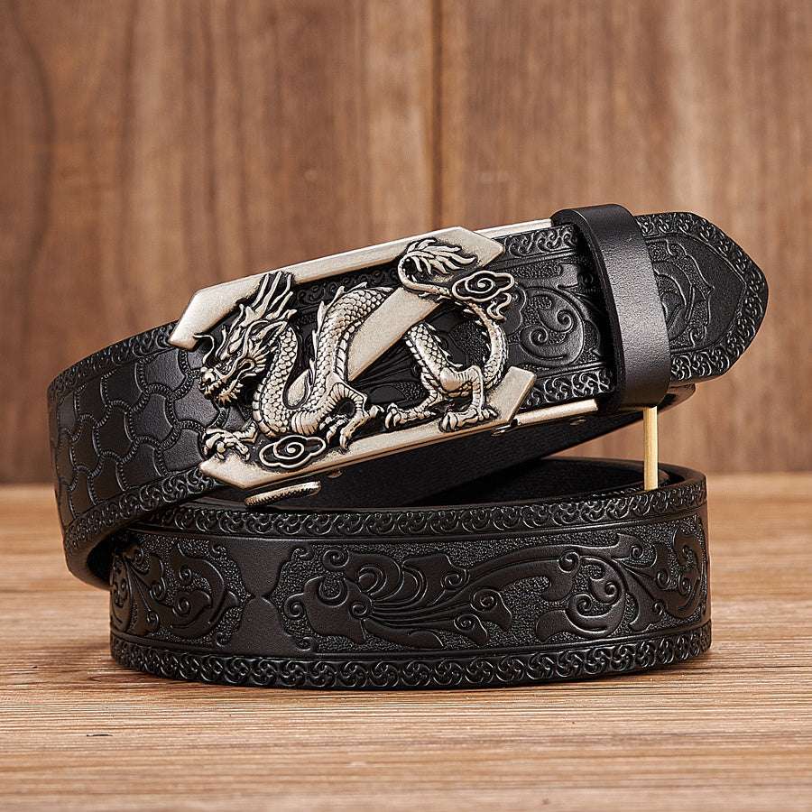 Two-layer leather belt with embossed dragon pattern and silver-tone automatic buckle