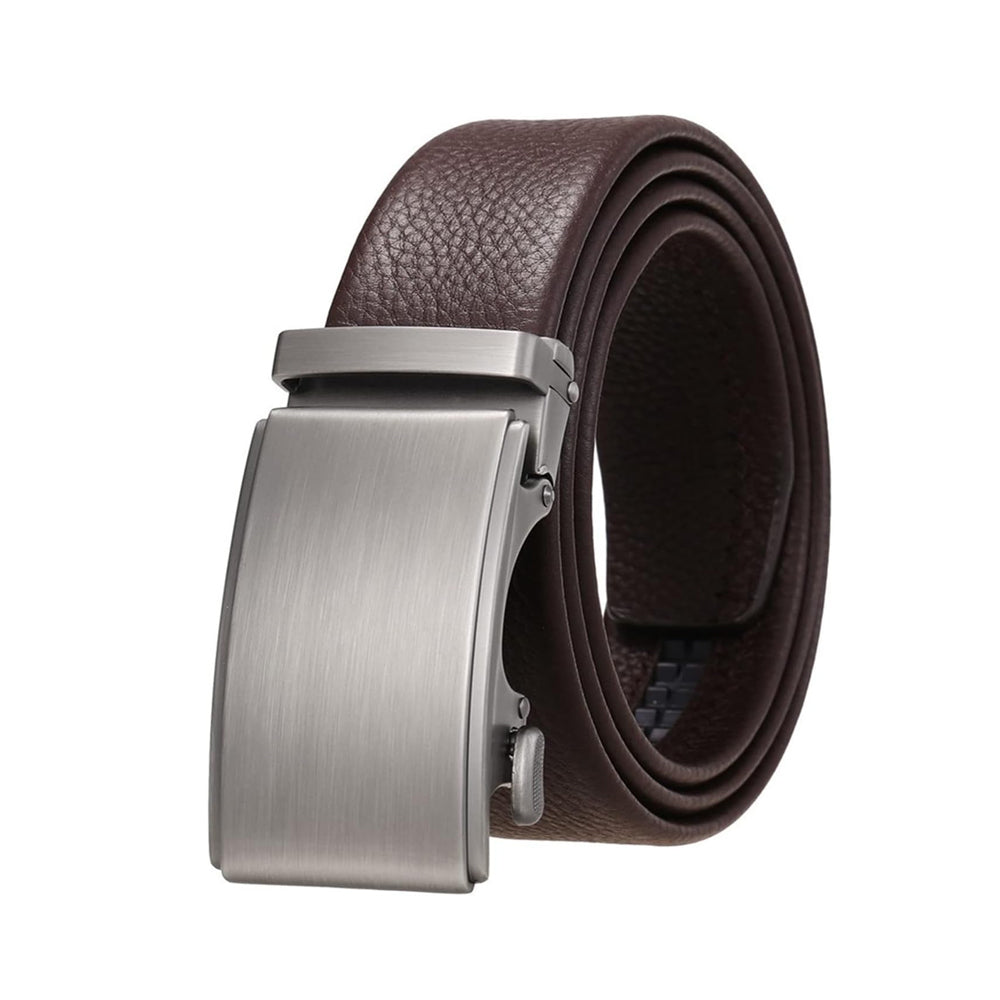 Men’s business casual automatic belt with dark brown leather and brushed silver rectangular buckle