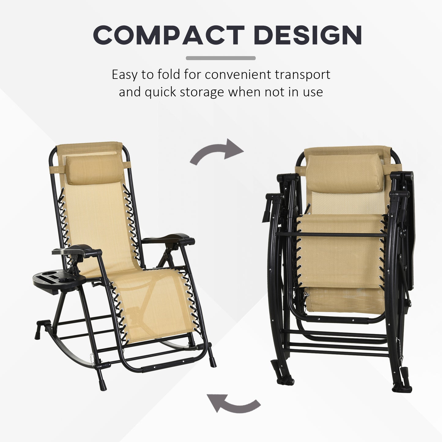 Foldable Zero Gravity Rocking Chair with Cup Holder & Pillow - Beige