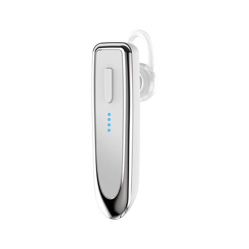 Wireless Bluetooth headset, silver-and-black body with side control button