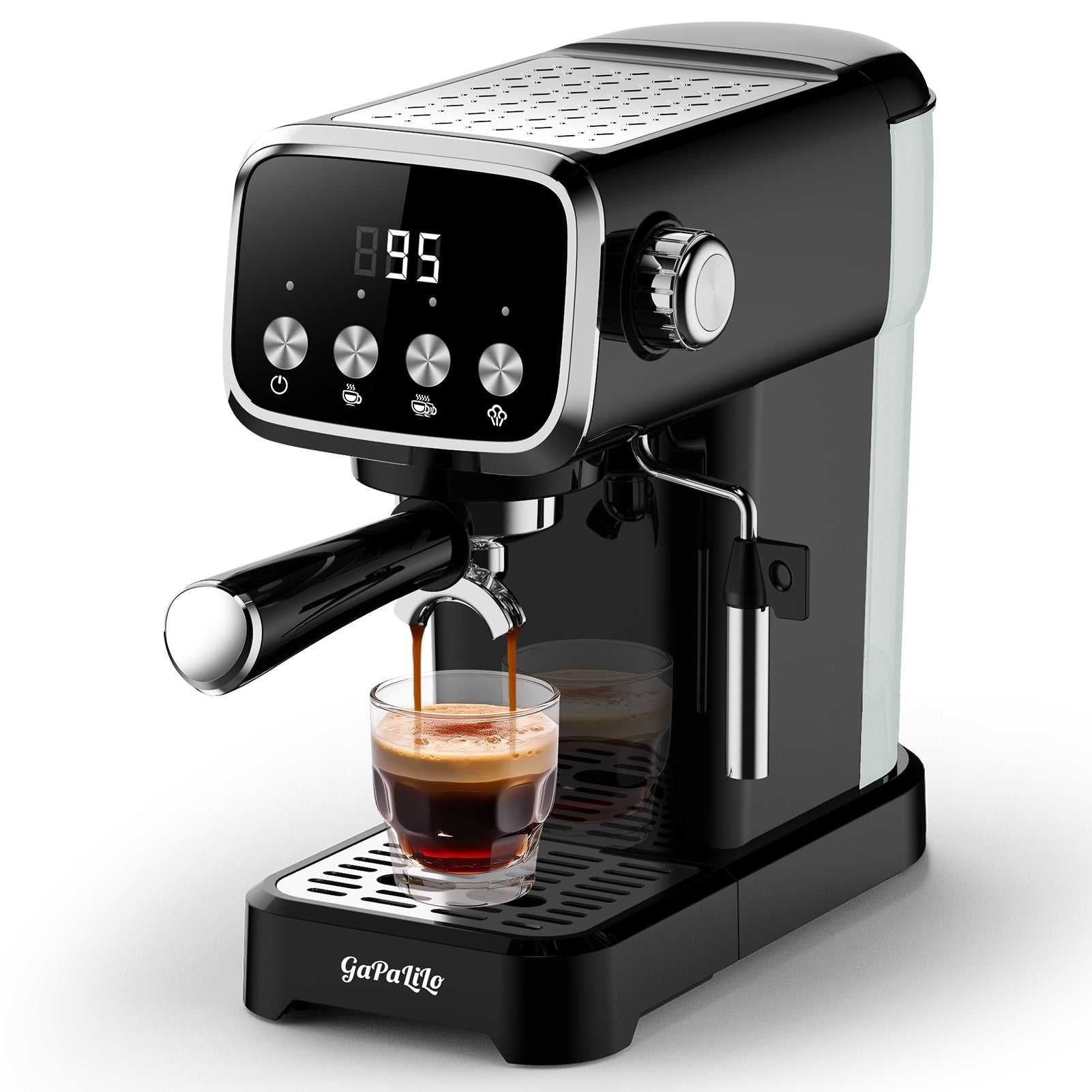 Black compact espresso machine with steam wand dispensing into a cup, LCD panel visible.