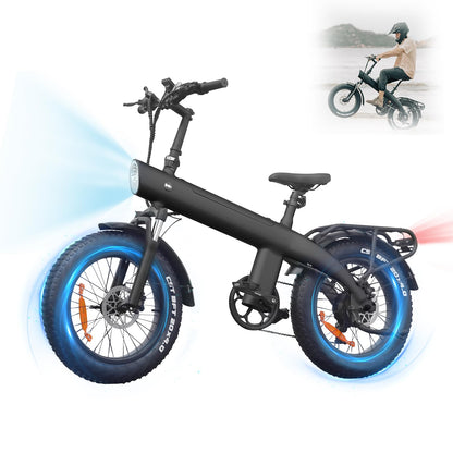 Grey electric dirt bike for adults with fat tires, front wheel and saddle in view