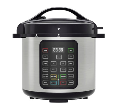 Electric pressure cooker front view with stainless housing, black handle, and touch control panel