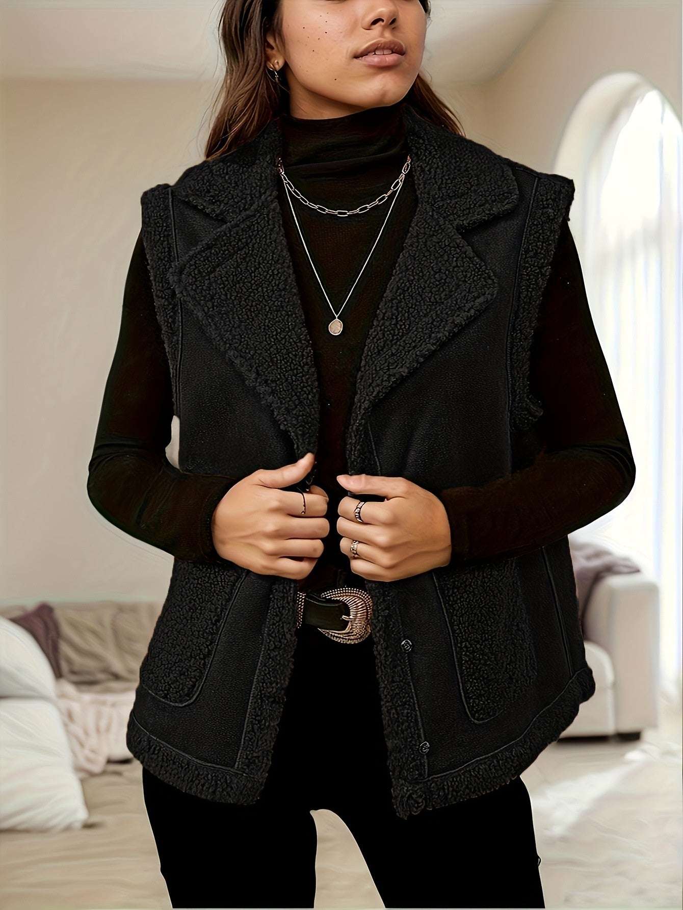 Person wearing a black vest in a living room setting