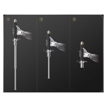 Extendable hiking pole stages with black grip, silver shaft, and locking parts