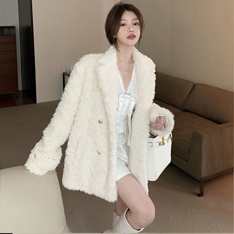 White lamb wool mid-length coat with notched lapels and gold button details
