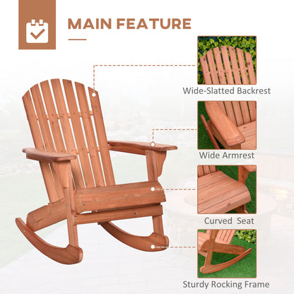 Teak wood Adirondack rocking chair with wide armrests and curved seat on sturdy frame.
