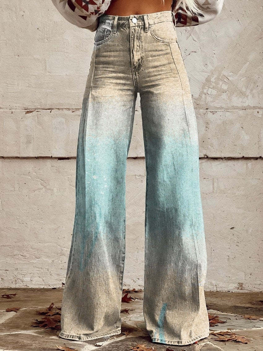 Wide-legged Pants Thermal Transfer Bell-bottom Pants Simulation Denim Trousers