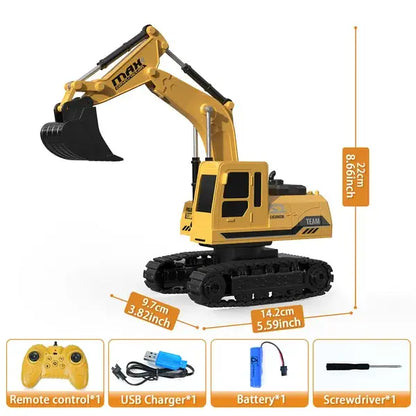 Yellow RC excavator toy with front bucket and black tracks; includes remote control.