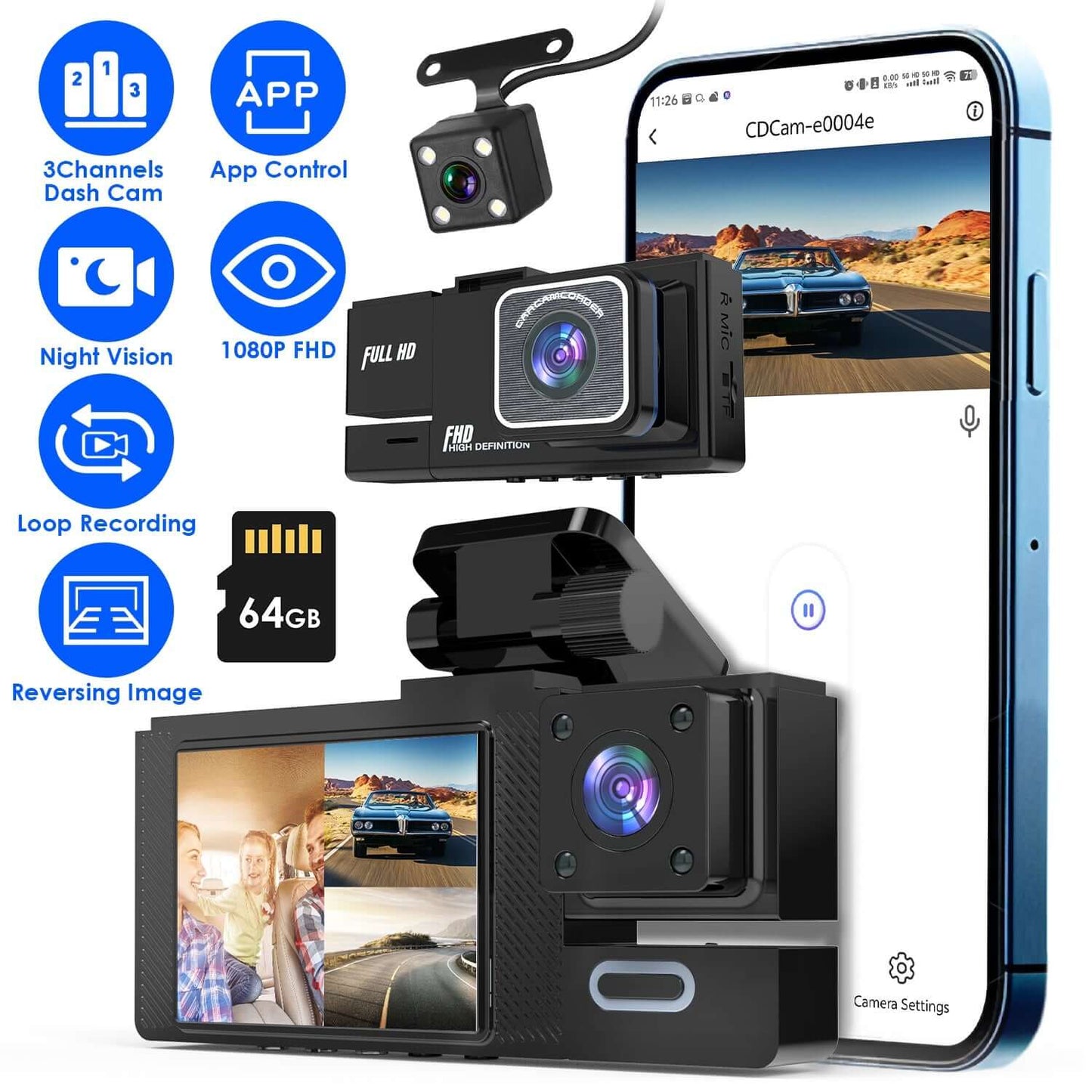 3-Channel WiFi Dash Cam 1080P - Front, Rear & Cabin 1Pc WiFi FHD 1080P Car Dash Cam 3 Channe | Ectron Online