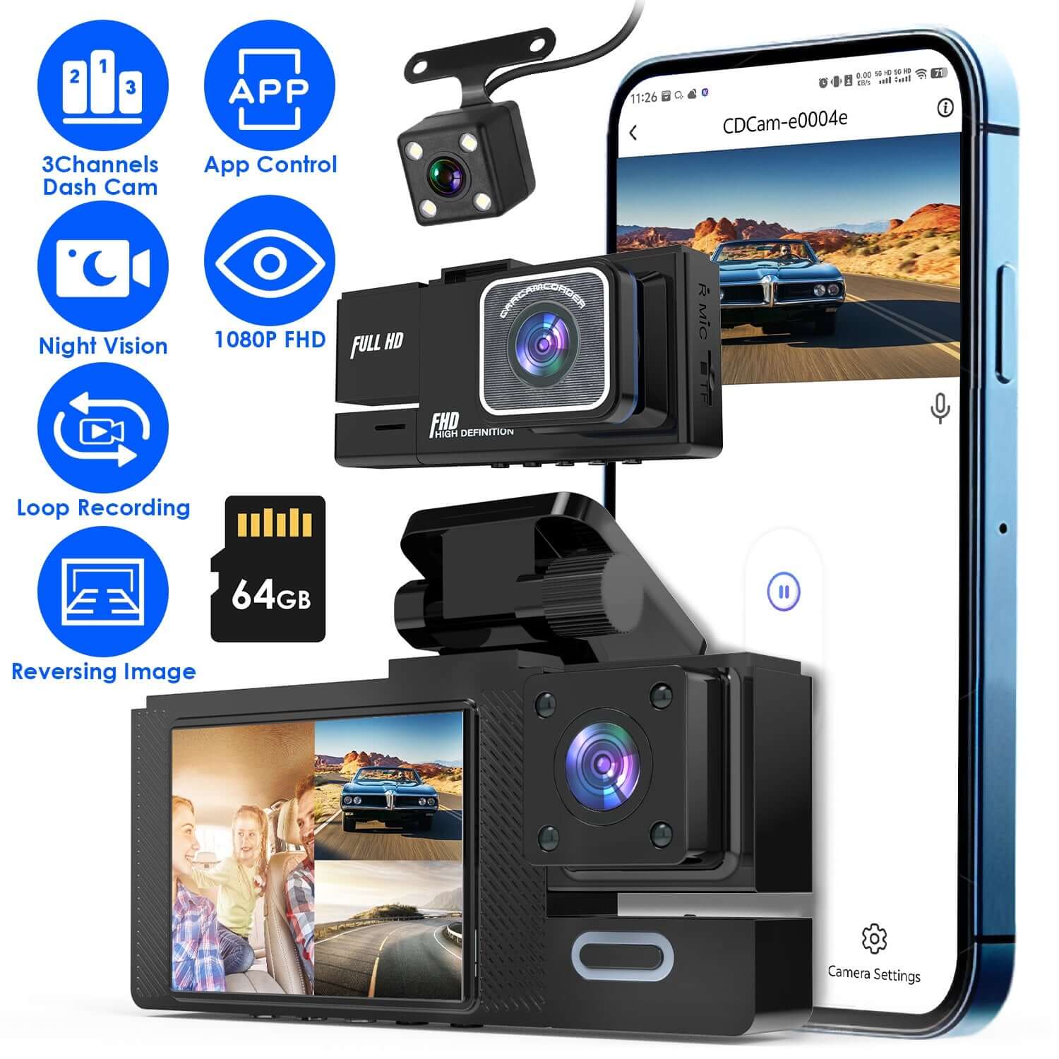 3-Channel WiFi Dash Cam 1080P - Front, Rear & Cabin 1Pc WiFi FHD 1080P Car Dash Cam 3 Channe | Ectron Online