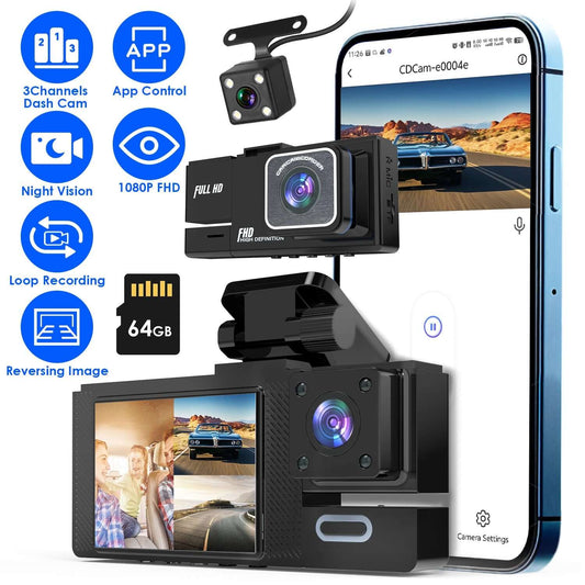3-Channel WiFi Dash Cam 1080P - Front, Rear & Cabin 1Pc WiFi FHD 1080P Car Dash Cam 3 Channe | Ectron Online