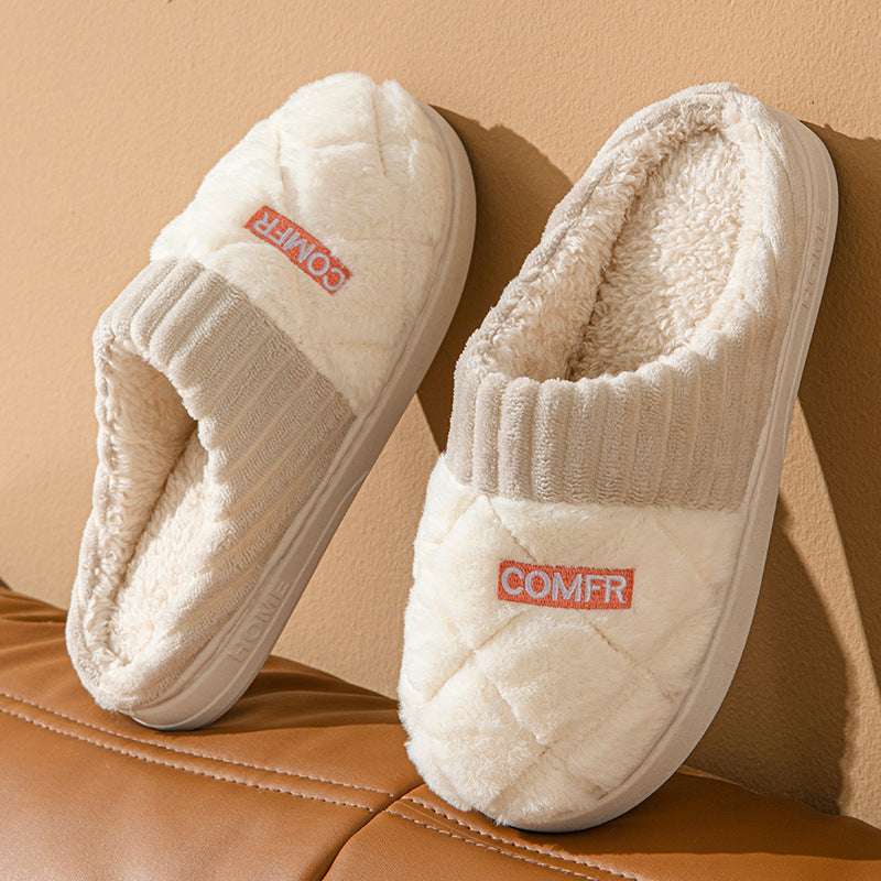 Solid Rhombic Letter Slippers – Warm, Non-Slip Plush for Couples Solid Rhombic Letter Home Slippers Winte | Ectron Online