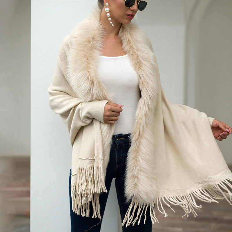 Women's Faux Fur Trim Cardigan | Fringe Hem Winter Poncho Coat