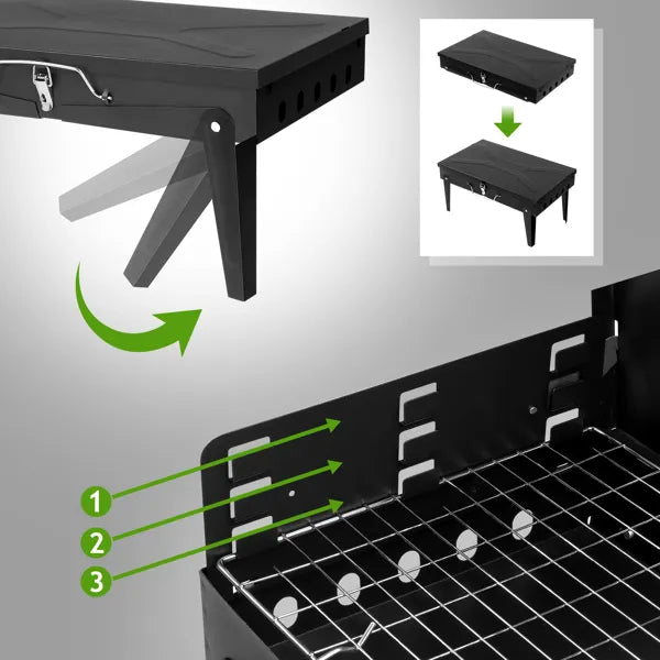 Black square charcoal grill with hinged lid and cooking grate, compact folding design