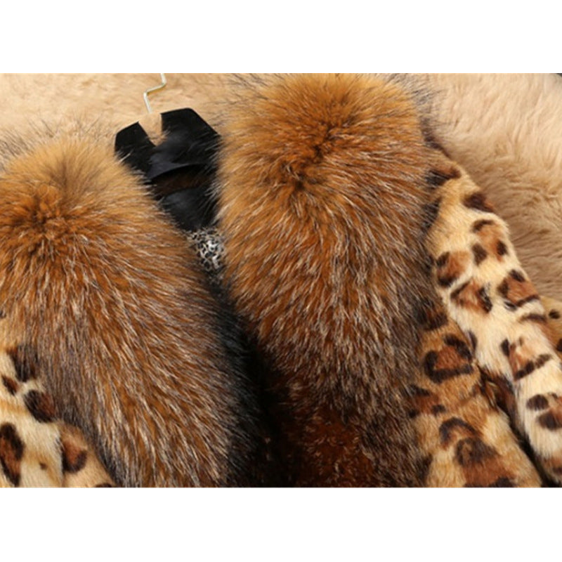 Mid-length Leopard Print  Raccoon Fur Collar Coat