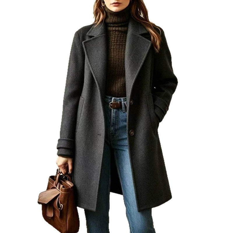 Charcoal gray mid-length lapel coat with notch lapels and button-front, long sleeves