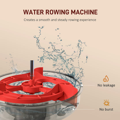 Rowing machine water tank with red impeller inside clear housing and water splashes