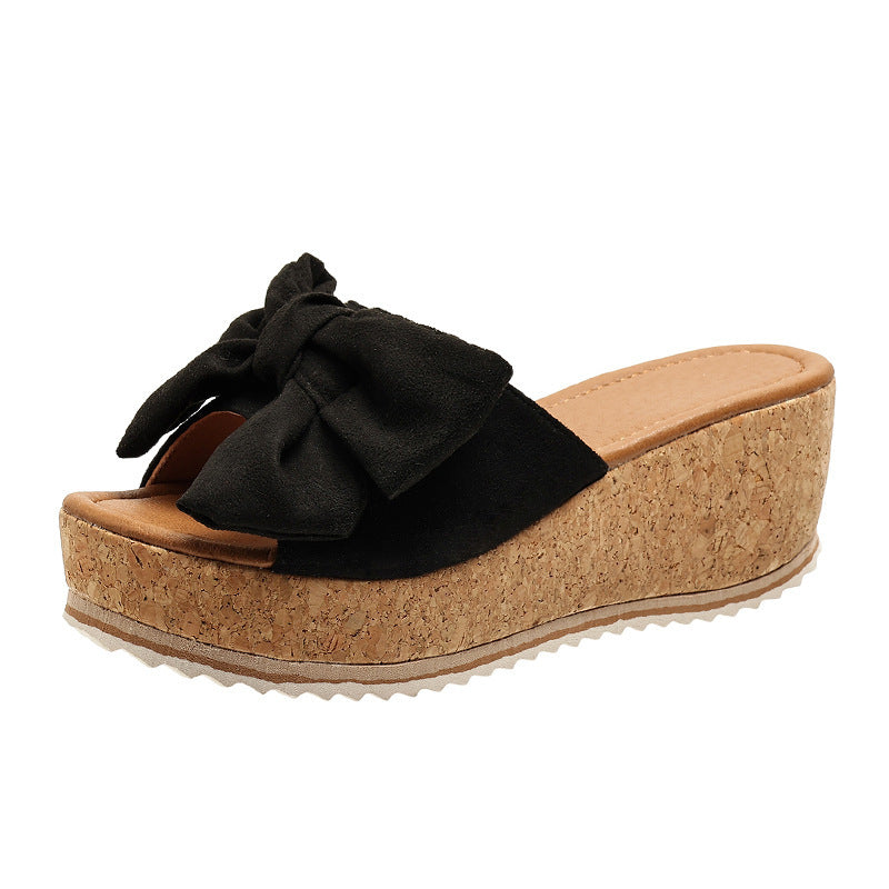 Fashion Bow Leopard Print Wedge Slippers For Women New Thick-sole High Heel Flat Shoes Summer Outdoor Fish Mouth Slippers Fashion Bow Leopard Print Wedge Slippers | Ectron Online
