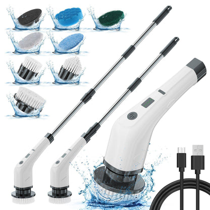 Electric cleaning brush with white handle and extension wands, charging cables shown