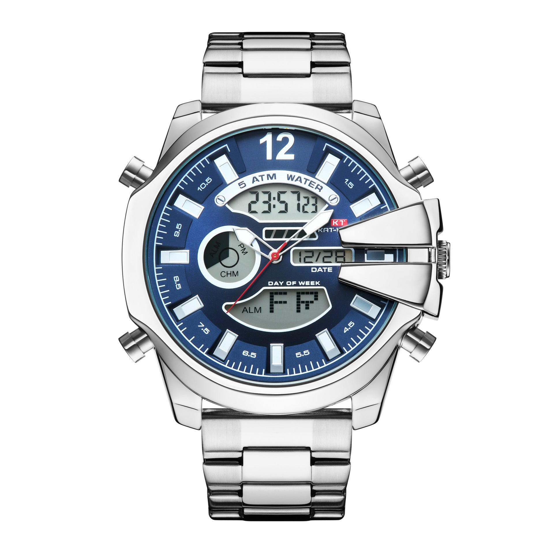 Silver sports watch with blue dial, dual digital displays, metal link strap