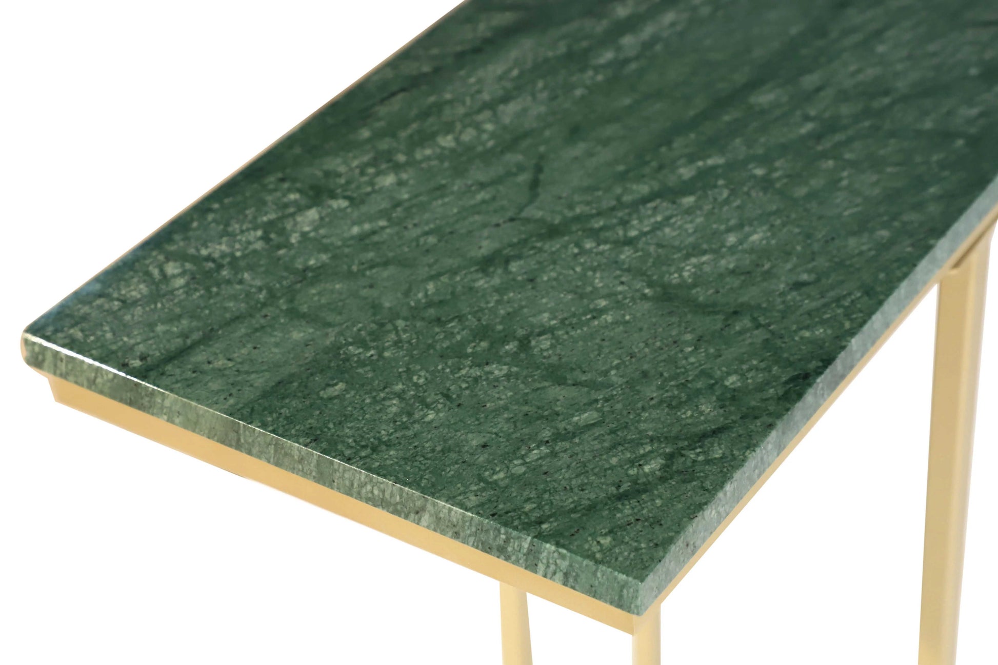 Dark green marble tabletop corner with gold edge on metal frame