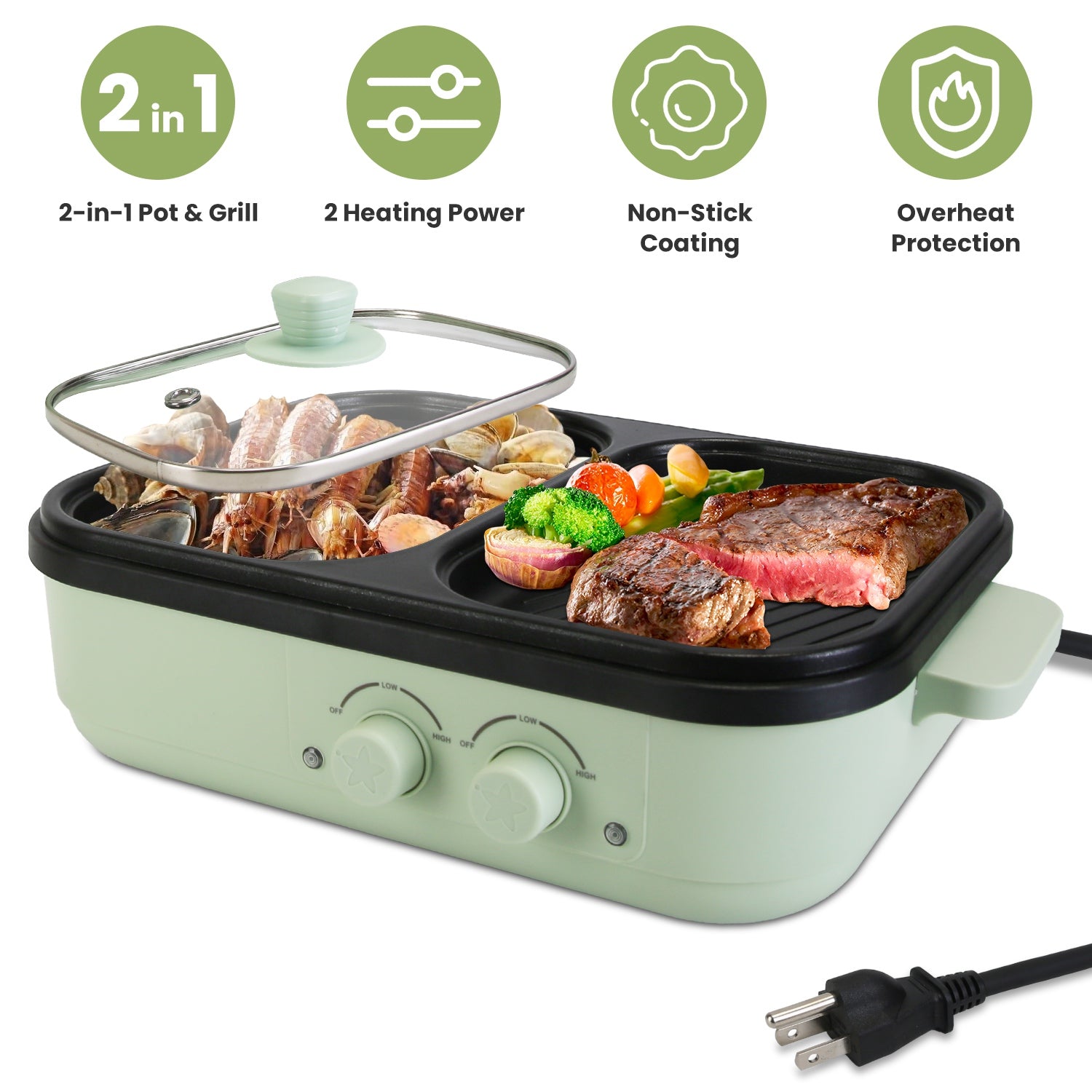 Compact 2-in-1 electric hot pot and grill combo with glass lid featuring a non-stick frying surface for indoor BBQ and simmering.