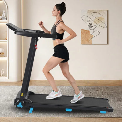 Incline treadmill for walking with black running deck, side rails, and control console