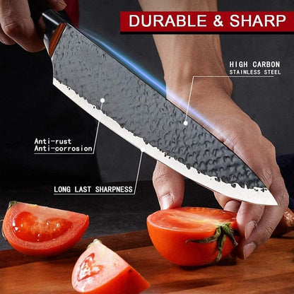 Chef’s knife with textured dark blade and wood handle, slicing tomato