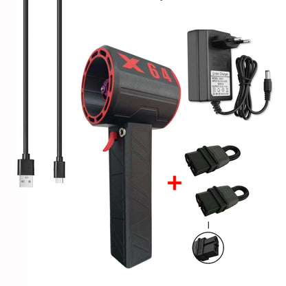 Black handheld device with red accents, power adapter, and cables on a white background