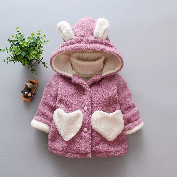 Girls' winter coat, mauve plush with bunny ear hood and white heart pocket details